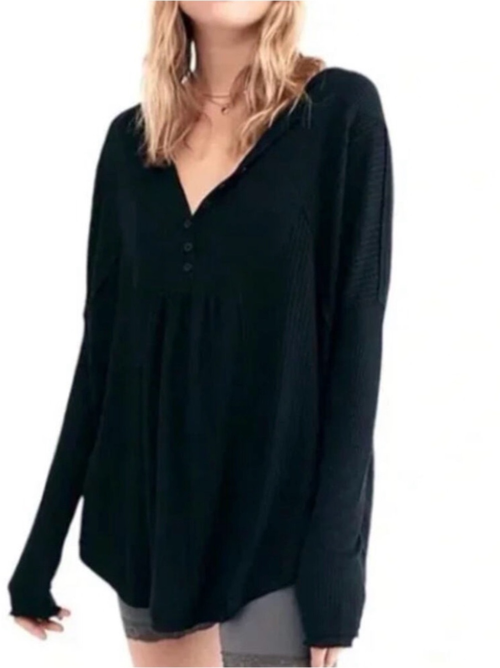 EUC Free People Leo Black Ribbed V-Neck Henley Pullover
